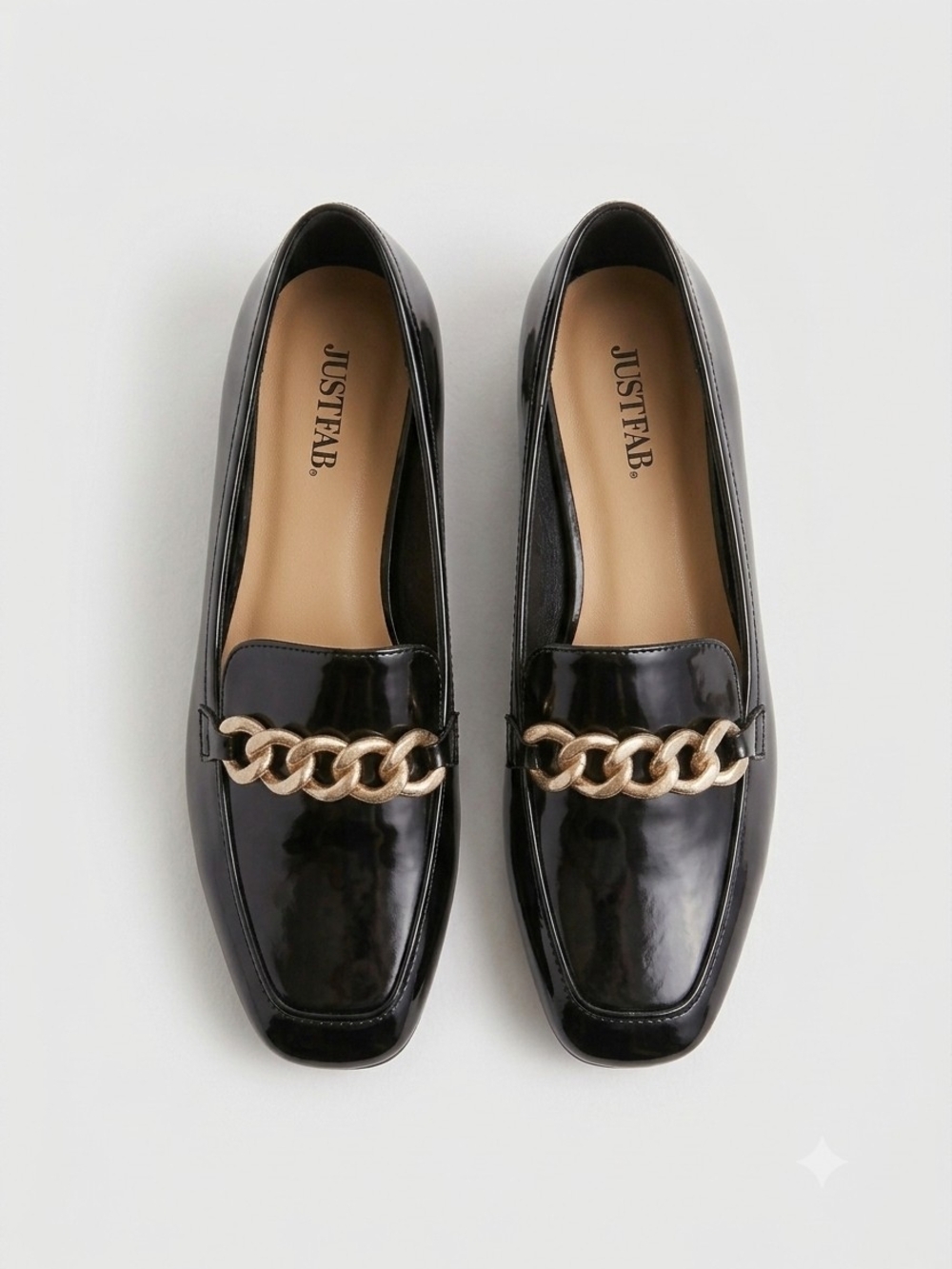 JustFab Black Square Toe Chain Loafers - Size 7